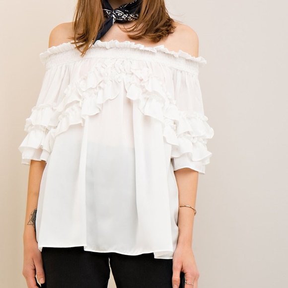 ENTRO Off-Shoulder Ruffle Smoked Tunic Top White - Picture 1 of 7